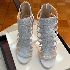 Vince Camuto Bone and Silver Strappy Heels